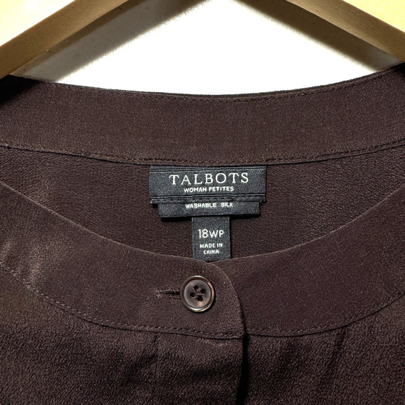 Talbots Brown Collarless Washable Silk Blouse Button Up 18W Petite - Picture 4 of 6